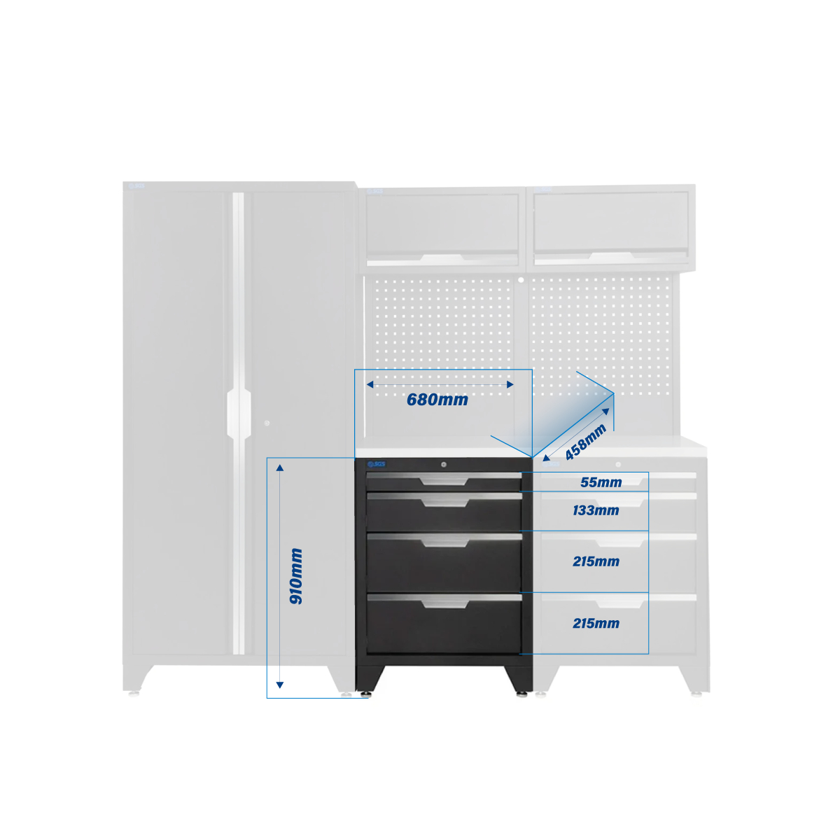 SGS 7pc Garage Storage System | 8 Drawers | Stainless Steel Worktop | 2x Upper Cabinets | Tall Double Cabinet